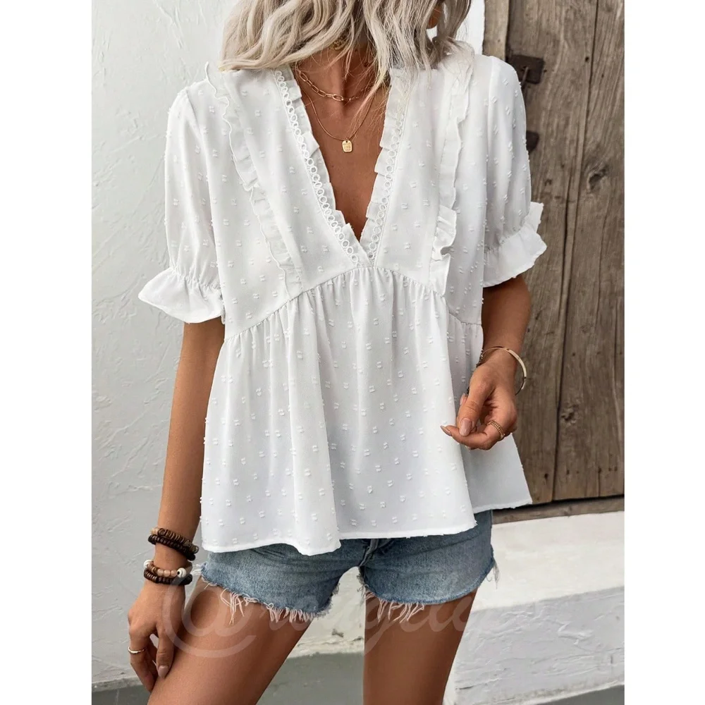 White Swiss Dot Babydoll V-Neck Short Puff Sleeve Top Shirt Frill Ruffle Trim - Picture 5 of 9